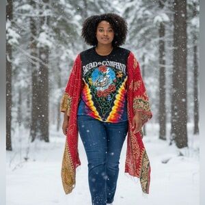 GRATEFUL DEAD BAND T Poncho Kantha Handmade One Of a Kind Upcycled Boho